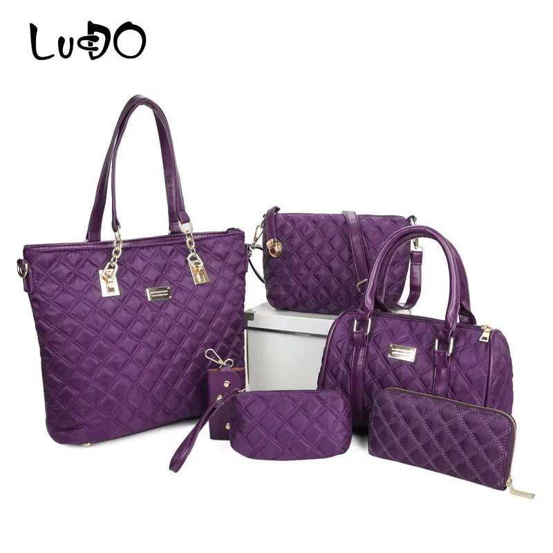

LUCDO 6 Pcs/Set Women Fashion Diamond Lattice Plaid Handbag Casual Composite Shoulder Top-Handle Bags Large Capacity Oxford Tote