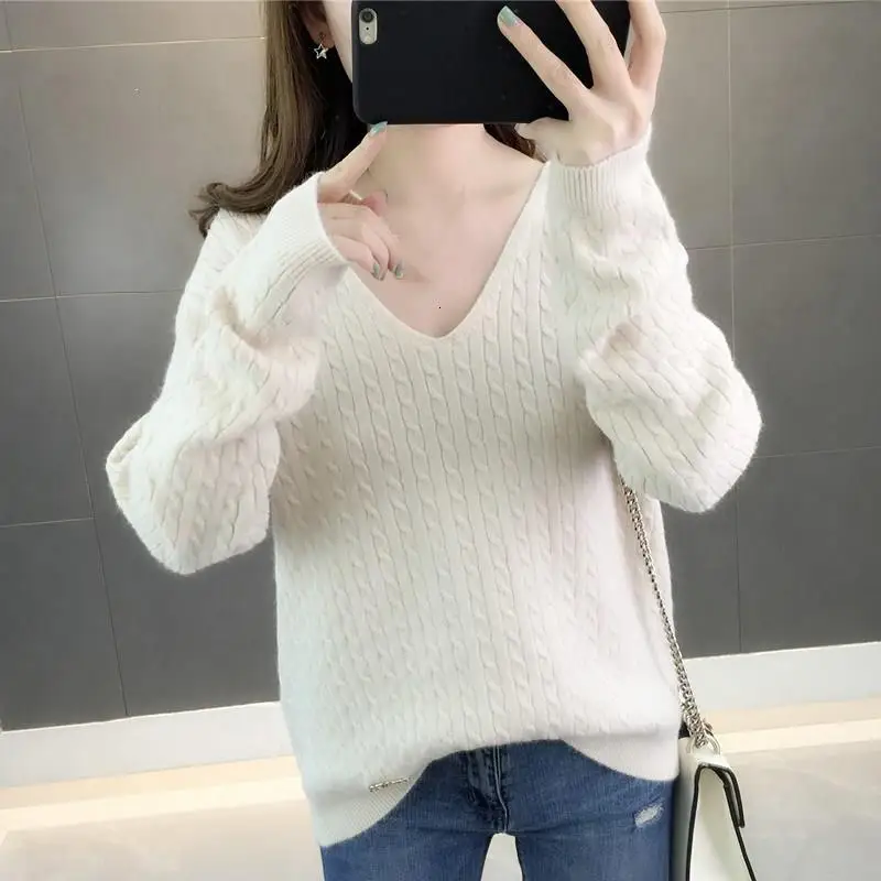 Модные милые осенние зимние винтажные вязаные женские свитера, женские повседневные однотонные свободные пуловеры с v-образным вырезом и длинным рукавом, трикотаж