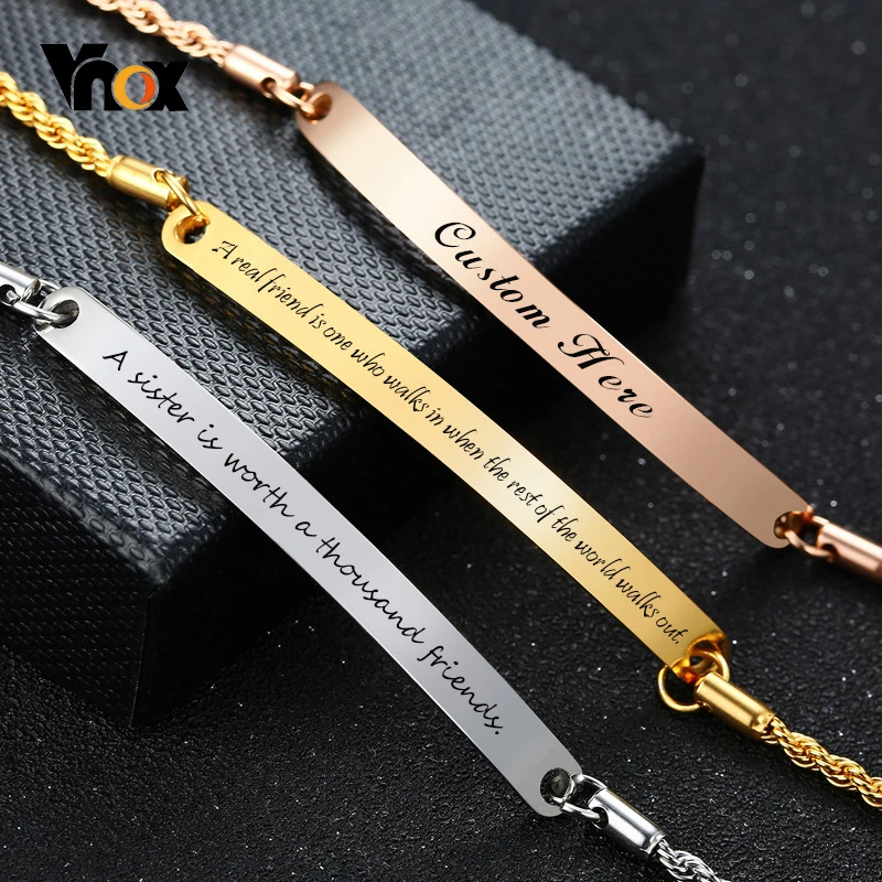 Vnox Customize Best Friends Sisters Quotes Bangle for Women Stainless Steel Link Chain with Heart Charm Personalized BFF Gift |