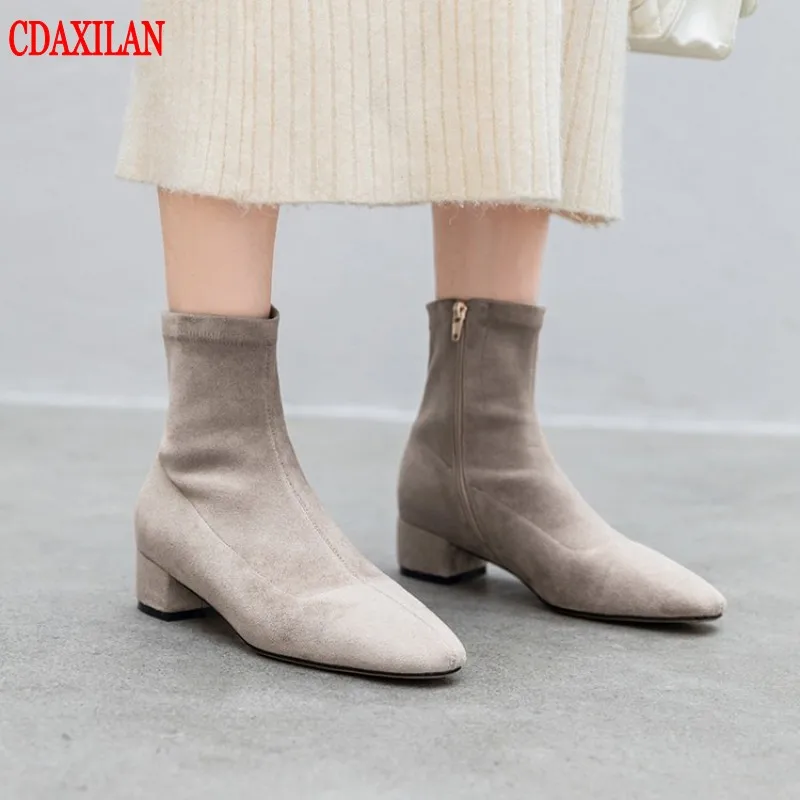 

CDAXILAN new to women's short boots lycra fabric genuine suede fabric inner pigskin velvet Mid-heels side zipper ankle boots
