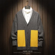 Осень и зима новое поступление кроличья шерсть v-образный вырез кардиган свитер свободного размера плюс вязаный свитер цветной блок