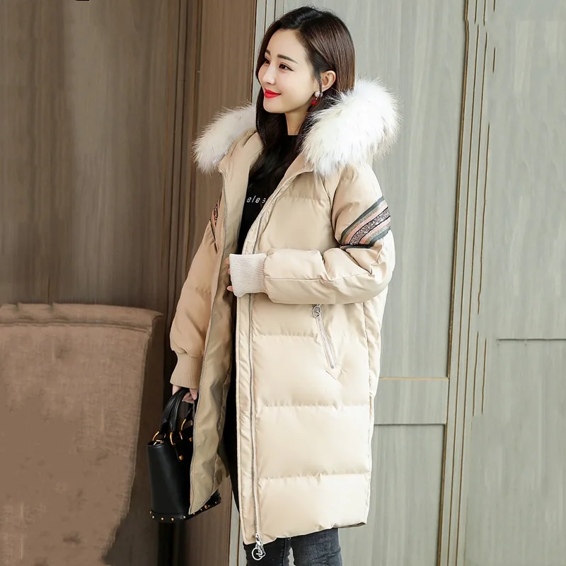 

2019 Winter New Style WOMEN'S Dress Korean-style Large Fur Collar down Jacket Cotton-padded Clothes Mid-length over-the-Knee dow