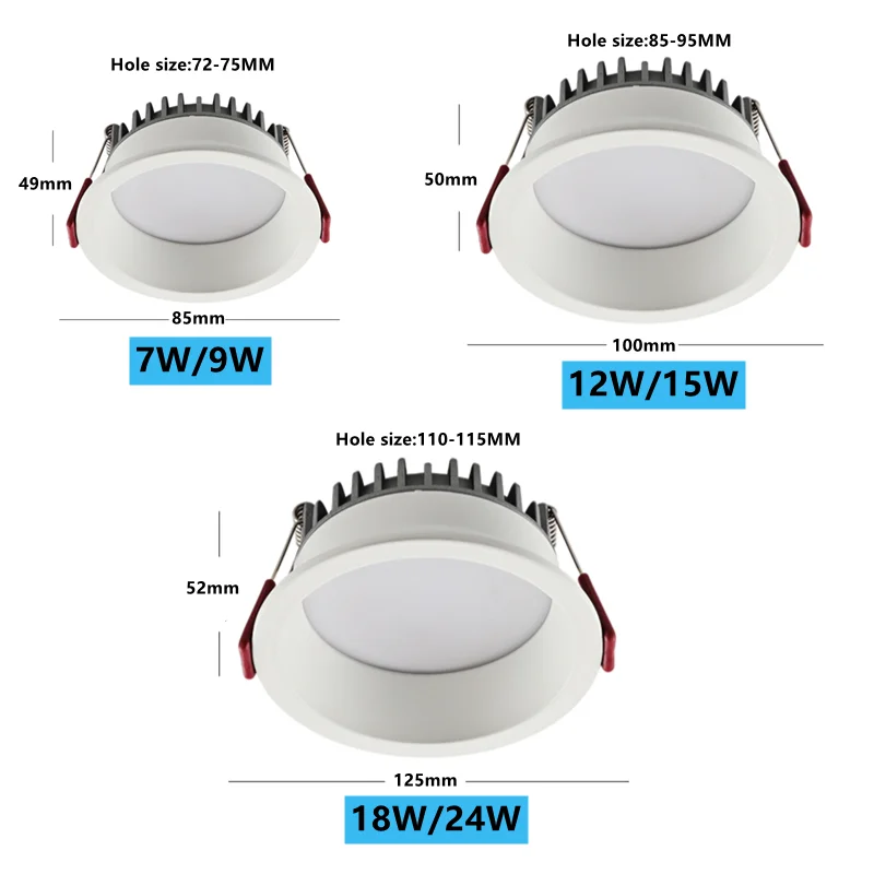 Recessed Anti-glare LED led downlight 18W 24W Dimmable 85-265V Ceiling Lamp Spot Light 12W 15W Home Living Room Bedroom Lighting