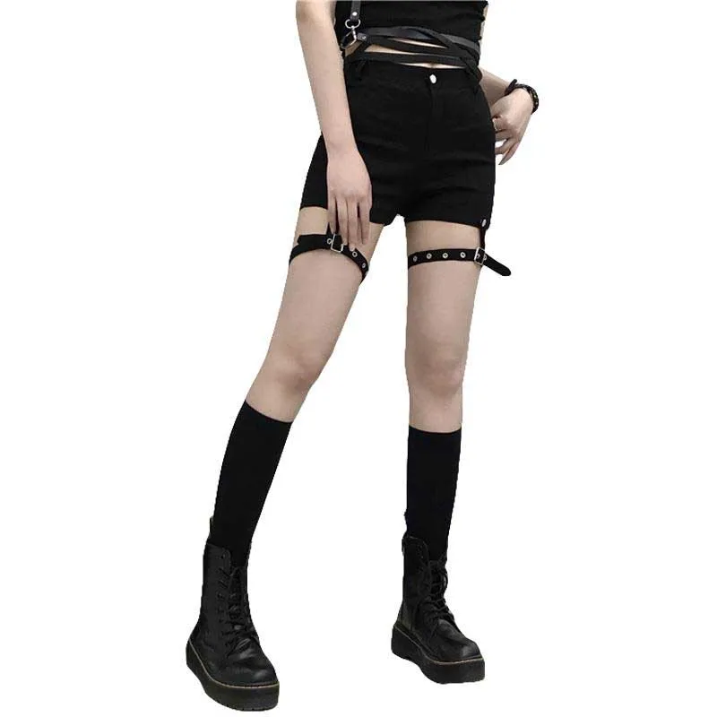 Летние новые женские эластичные шорты с высокой талией в стиле панк, готика, сексуальные обтягивающие шорты с кольцом для ног, женские черные шорты в стиле Харадзюку