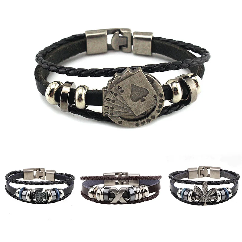 

Cowhide Retro Men's Leather Bracelet Three-layer Woven Playing Card Leather Hand Strap Beaded Bracelet Eagle Head Cross Bracelet