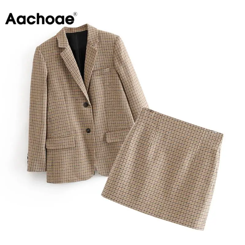Goedkoop Fashion Office Dames Pak Set Vrouwen Tweedelige Houndstooth Set Elegante Enkele Breasted Blazer Met Hoge Taille Chic Mini Rok