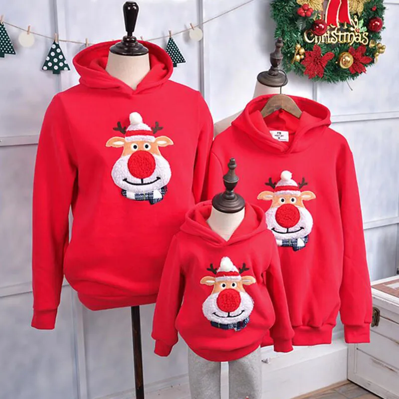 Семейная Рождественская одежда Зимний свитер Одежда с рождественским оленем флисовые толстовки с капюшоном для папы и сына Одинаковая одежда для мамы и дочки