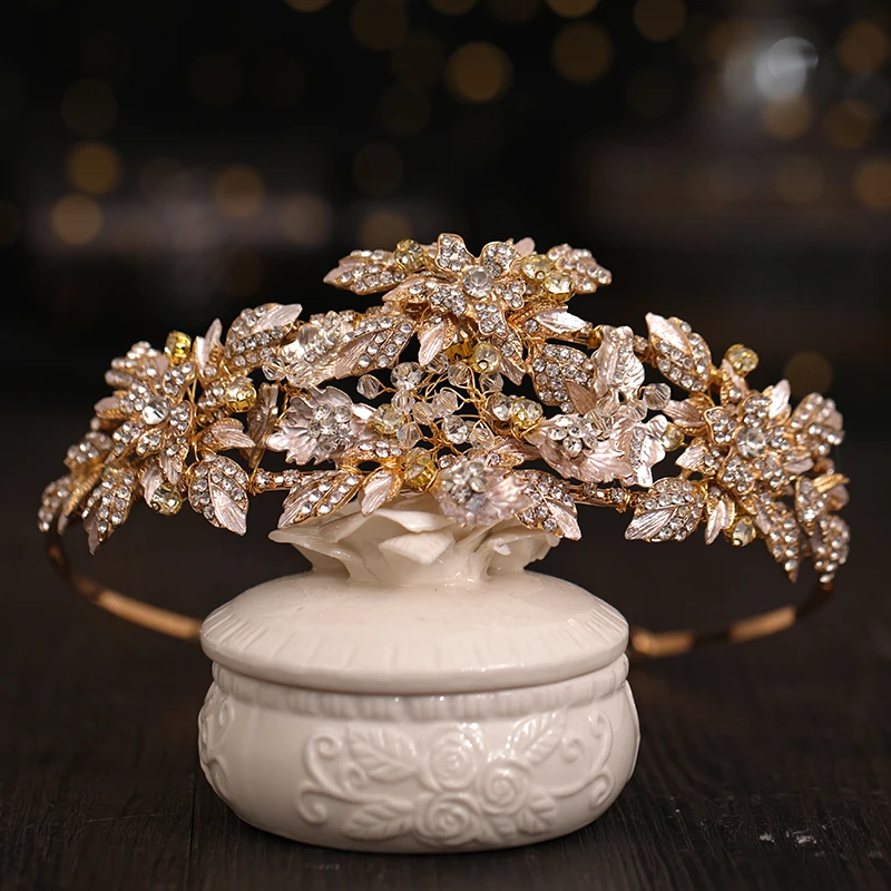 

Bridal crown Baroque leaf crown wedding handmade hair ornament gold hair hoop Rhinestone Crystal headdress bridal headdress