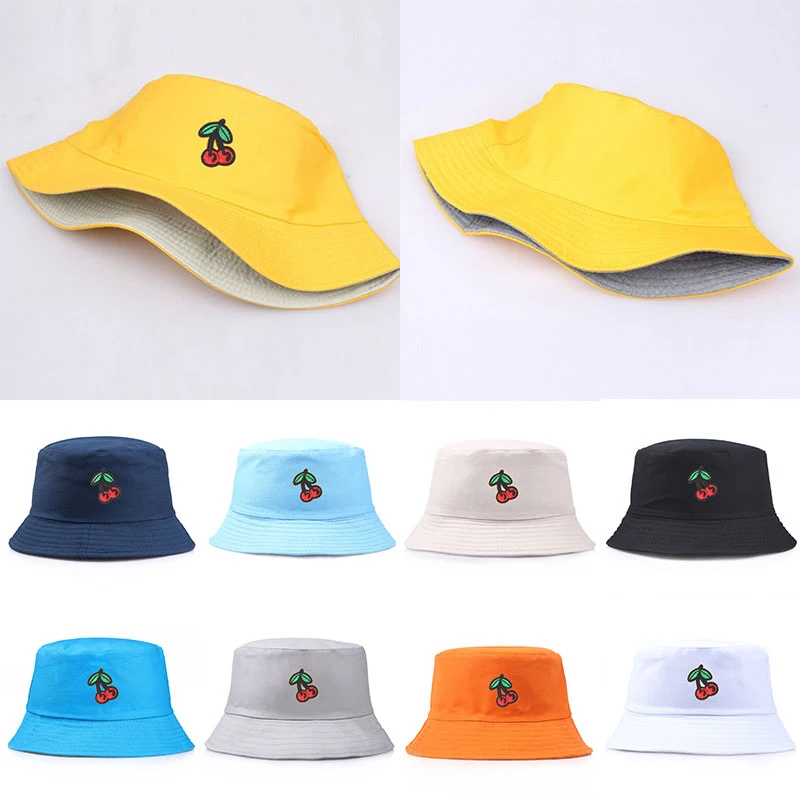 

Cute Cherry Beach Round Hats Printed Bucket Cap Women Men Girls Summer Sunscreen Cool Fisherman Hat Outdoor Shading Flat Caps