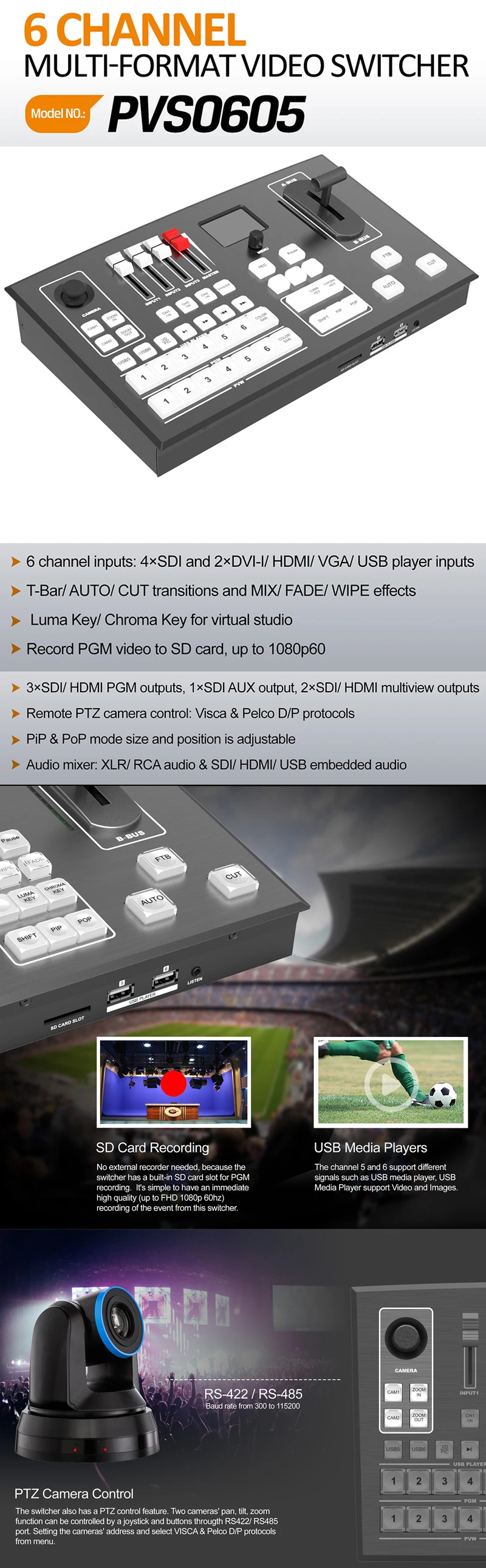 Avmatrix PVS0605 мульти-формата 6-канальный SDI/HDMI видео коммутатор с Multiview выходы