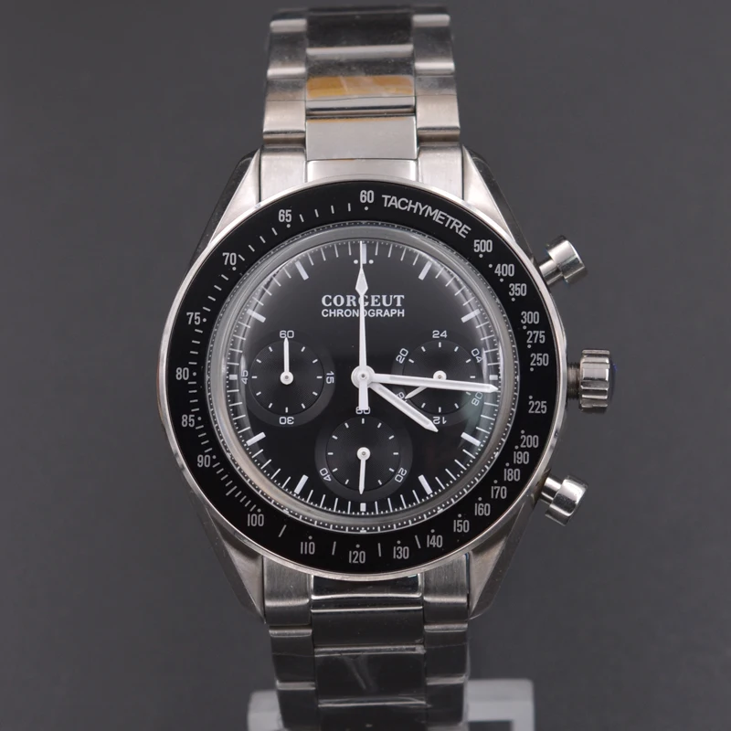

Luxury brand 40mm corgeut Multifunction Quartz Mens Watch Full Chronograph black dial steel bracelet men watch