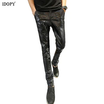 

Idopy Motorcycle Leather Joggers Fashion Mens Punk Crocodile Pattern Pants Cool Skinny Faux Leather PU Pants For Men