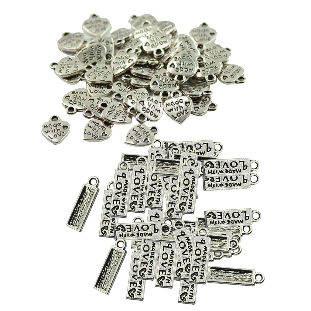100 Pieces MADE WITH LOVE Rectangle Love Heart Shape Pendant DIY Making Antique silver color