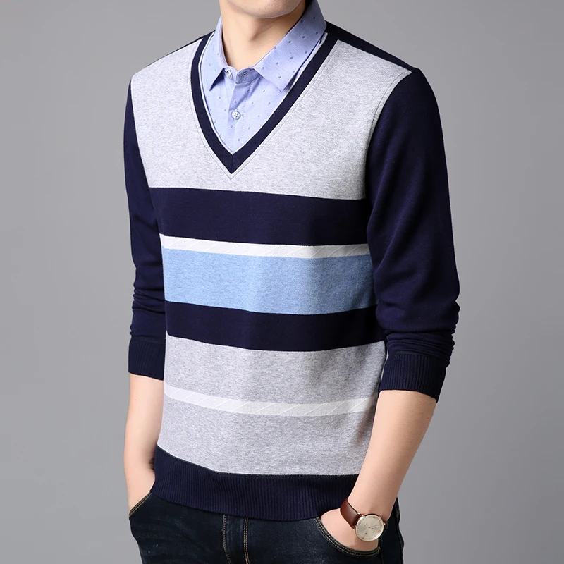 Men autumn winter fake two-piece long-sleeved stitching stripes contrast color slim pullover sweater thick knit warm pullover Men autumn winter fake two-piece long-sleeved stitching stripes contrast color slim pullover sweater thick knit warm pullover