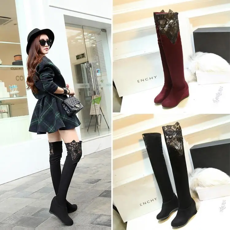 

Winter Round Toe Solid Color Fashion Boot Knee-High Stretch Fabric Boots Rubber Slip-On Height Increasing Women Boots Size 34-43