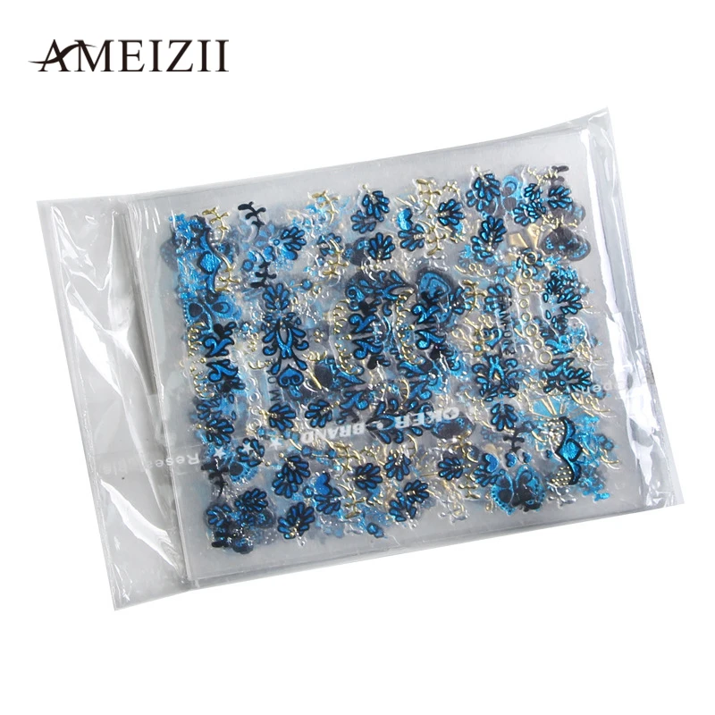Ameizii 24 шт наклейки для ногтей s 3D романтическая бабочка синий цветочный узор Наклейки Маникюр голографическое искусство ногтей украшение стикер