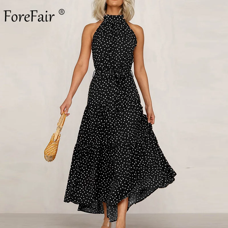 Forefair, сексуальное платье макси с открытыми плечами, в горошек, Пляжное, шифоновое, на бретельках, с поясом, повседневное, элегантное, винтажное, длинное, летнее платье для женщин