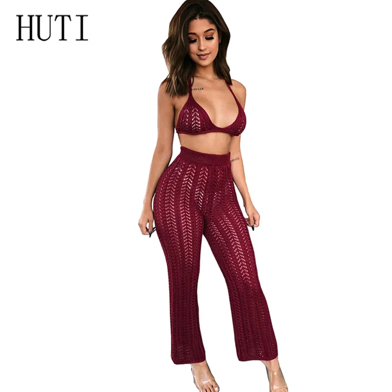 

HUTI Sexy Hollow Out Perspective Knitted Grid Jumpsuits Women Off Shoulder Sleeveless Halter Playsuit Summer Beachwear 2 Pieces