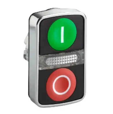 ZB4BW7A3741 Harmony XB4, Illuminated double-headed push button head,metal, &Oslash;22, 1 green flush marked I + 1 pilot light + red f