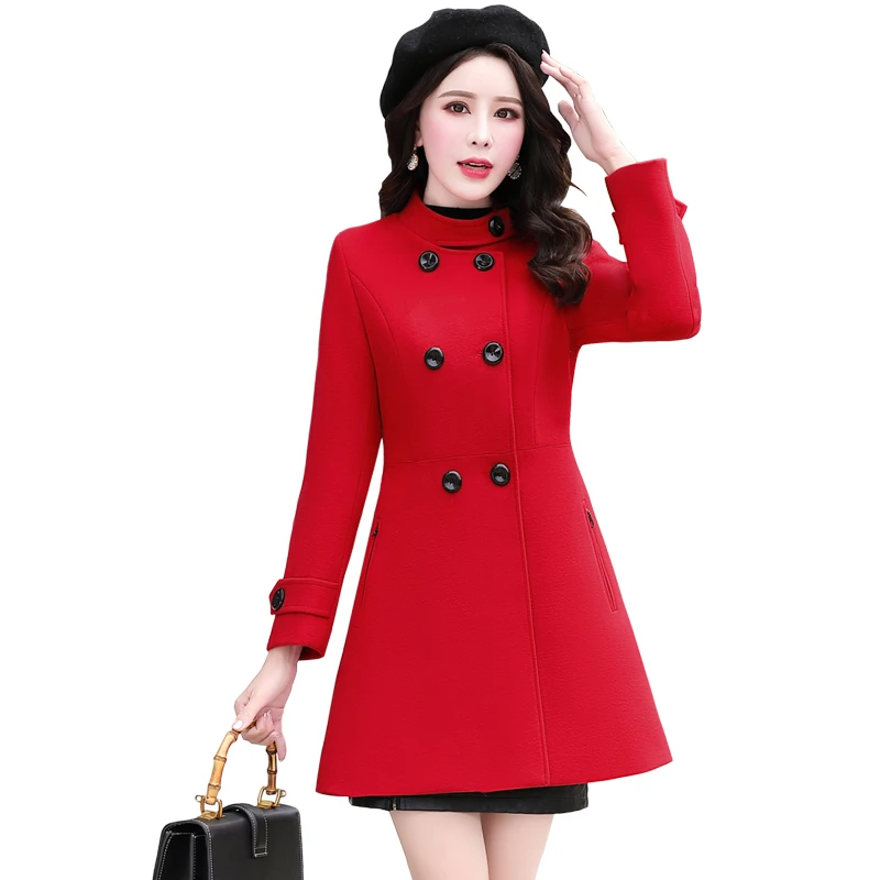 

Elegant Wool Jacket Women Autumn Winter Medium Long Coat Double-breasted Warm Women Overcoat Casual Plus Size Slim Wool Jacket