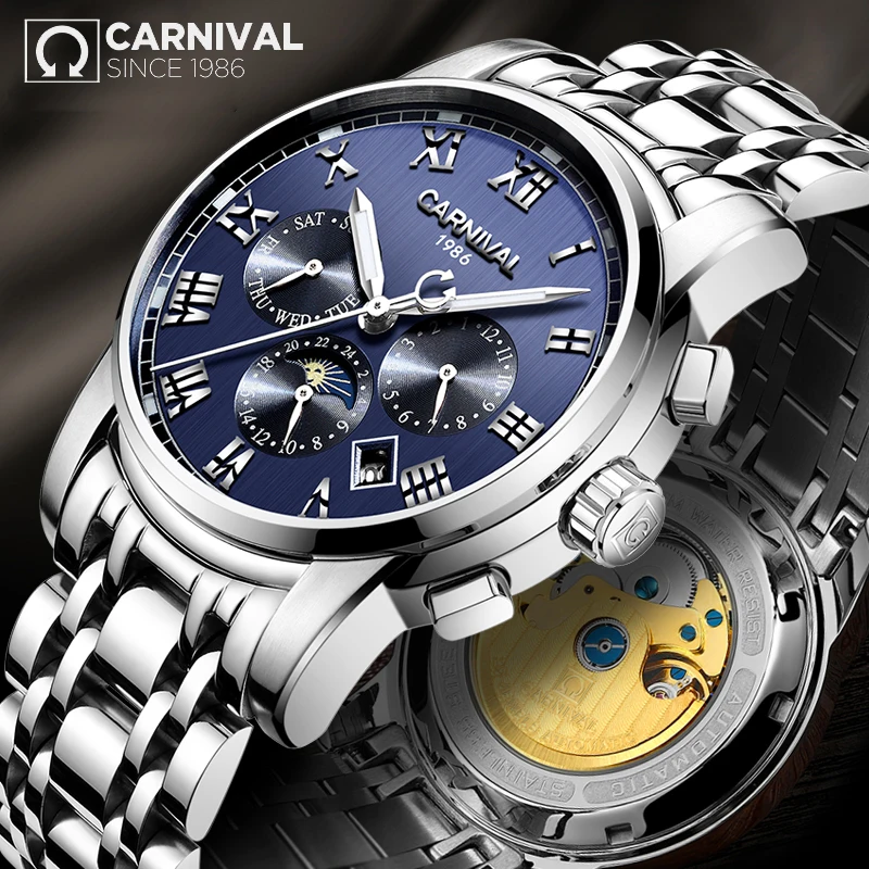 

2019 New CARNIVAL Simple Multi-Function Men Watch Top Brand Luxury Relogio Fashion Waterproof Luminous Steel Mechanical Watches