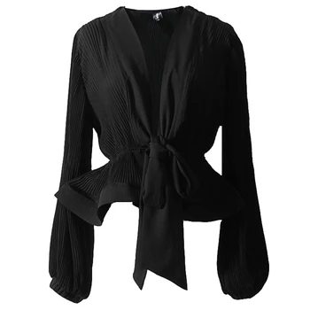 

Women Chiffon Blouse Bowknot Lantern Sleeve High Waist Tunic Crinkled Shirt Tops