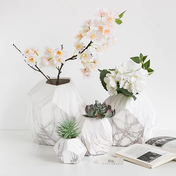 

Geometric Polygonal Marble Texture Vase White Imitation Ceramic Flowerpot Flower Container Party Home Decoration Accessories