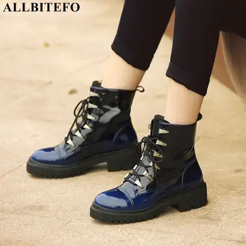

ALLBITEFO Waterproof platform thick heel natural genuine leather women boots fashion women's ankle boots high heel shoes boots