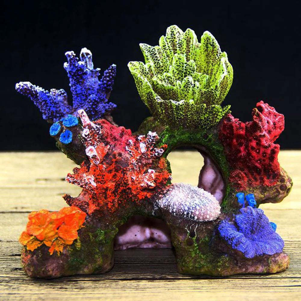 Colorful Resin Coral Plant Aquarium Mountain Decoration Hiding Cave Coral Reef Shell Fish Tank Ornament