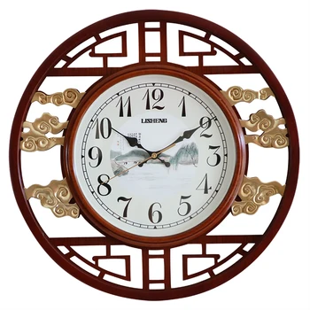 

Chinese Art Wall Clock Luxury Silent Living Room Round Quartz Wall Clock Vintage Wood Relogios De Parede Home Decor Clock MM60WC