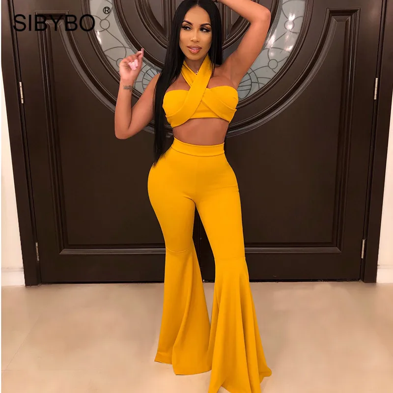 

SIBYBO Halter Strapless High Waist Sexy Two Piece Set Women Wide Leg Bandage Women Top and Pants Set Backless Autumn Women Set