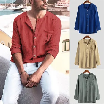 

Men Spring Button Casual Shirt Male Breathable Linen Long Sleeve Oversized Tops Blouse New Solid Loose Plus Size 4XL Shirt