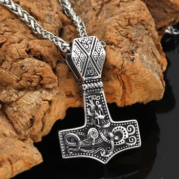 

Nordic Viking Mjolnir Thor Hammer Jormungand Stainless Steel Necklace For Men With Valknut Gift Bag