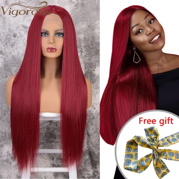 

Vigorous Red Lace Front Wigs for Women Synthetic Long Straight Wigs Middle Parting Heat Resistant Fiber Natural Looking