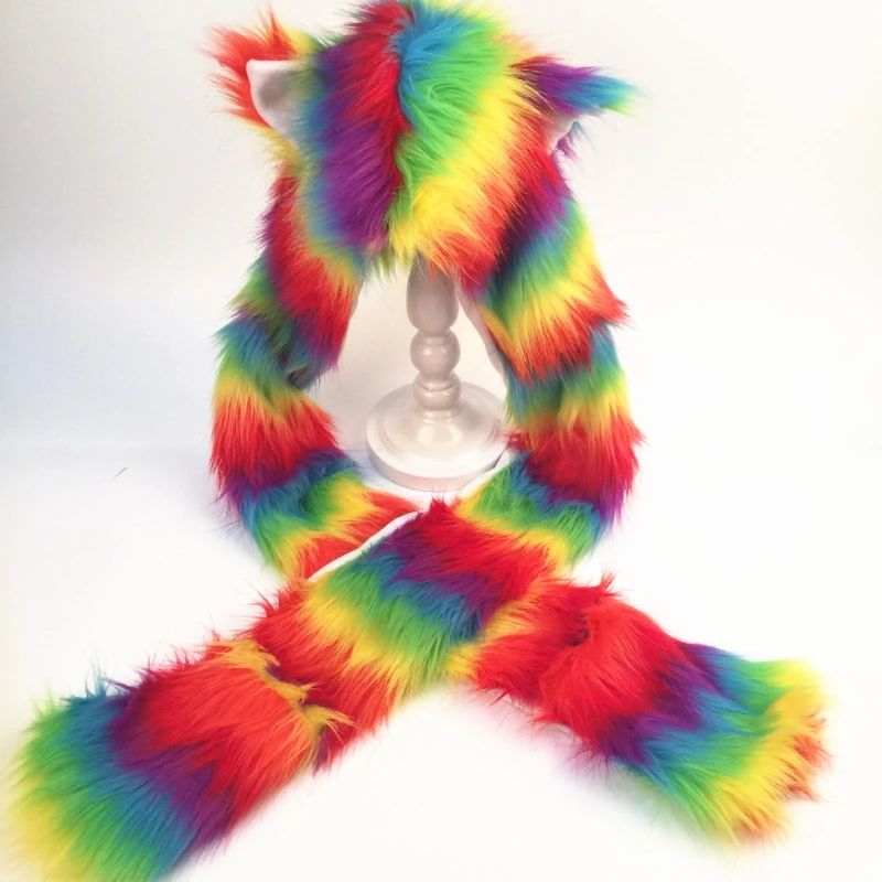 

Women Rainbow Stripes Furry Animal Hoodie Hat Fluffy Plush Ears Paws 3 In 1 Multifunctional Earflap Cap Scarf Gloves Hat Earmuff
