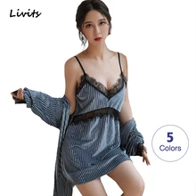Женский пижамный комплект из 2 предметов, бархатный халат для зимы и осени, ночная рубашка, Сексуальная кружевная женская пижама на бретельках, пижама, ночная рубашка SA0230