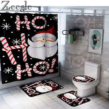 

Zeegle Christmas Bathroom Curtain Waterproof Shower Curtain Anti-slip Shower Mat Absorbent Foot Mat Washable Bathroom Rug Set
