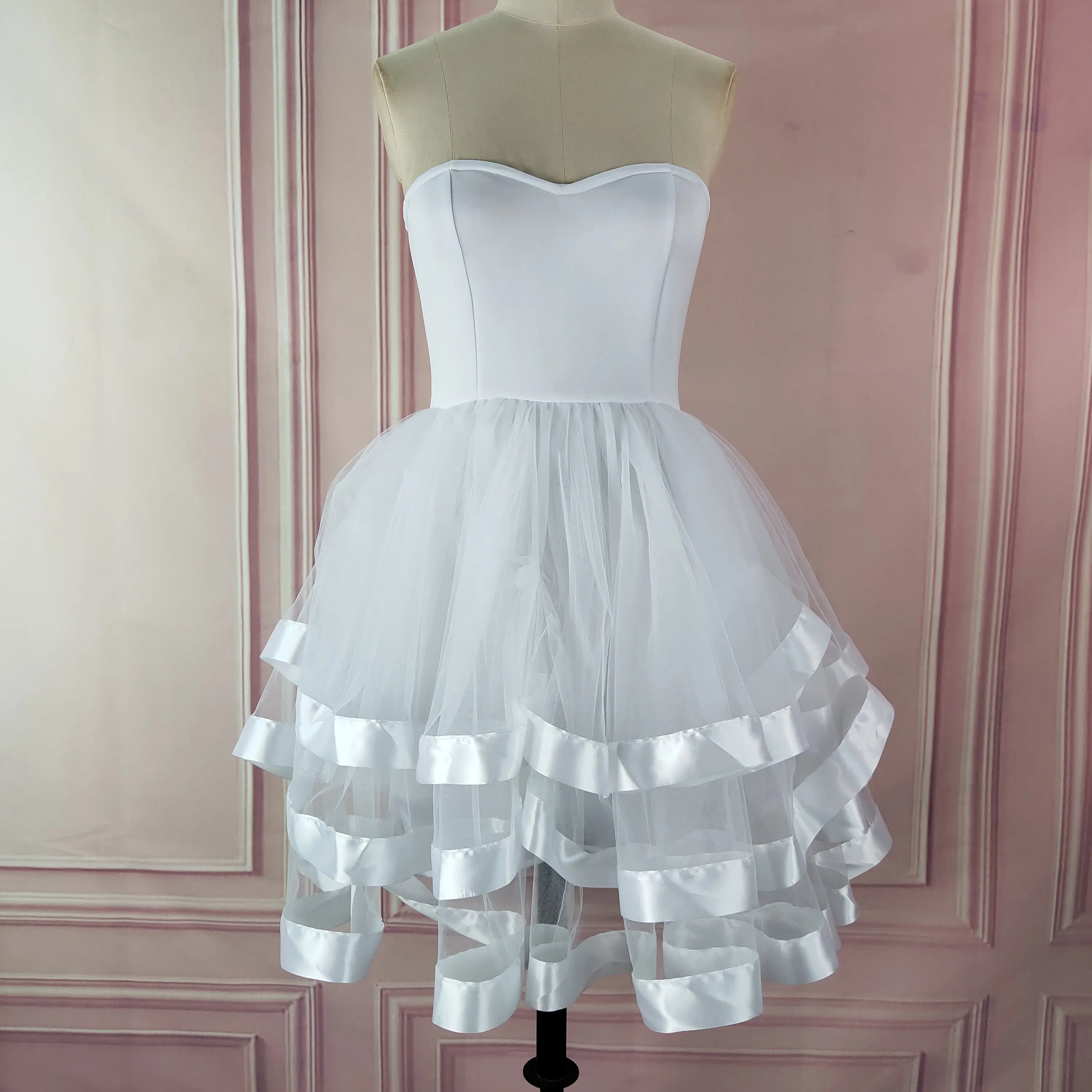 Women Tutu Dress White Wedding Party Bare Shoulder Sexy Patchwork Mesh Bridesmaid's Gown Dinner Slim Tunics Event Femme Robes