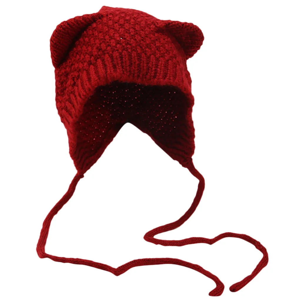 Вязанная шапка, Женская вязанная шапка, модная женская зимняя вязанная шапка, комплект с ушами, Толстая теплая одноцветная шапка-ушанка, женская шапка#35