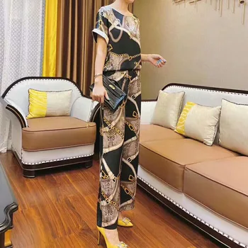

Runway Bohemian Retro Print Short Sleeve Top Elastic Belt Wide Leg Trousers Women High Quality Two Piece Set New Spring / Summer