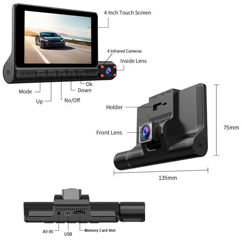 4Inch Touch Screen 1080P Full HD Dash Camera Car DVR With 3 Camera Lens 170 Degree Wide Angle Parking Sensor yi smart dash camera