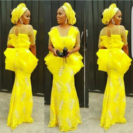 Aso Ebi Yellow Prom Party Dresses With Ruffles Mermaid Appliques Beadings Sheer Round Neck 3/4 Sleeves For Bridal Evening Gowns designer evening gowns Evening Dresses