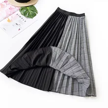 Серый хаки винтажный клетчатый цветной блок гибкий стрейч высокой талией Миди плиссированная линия юбка для женщин зимние женские юбки saia