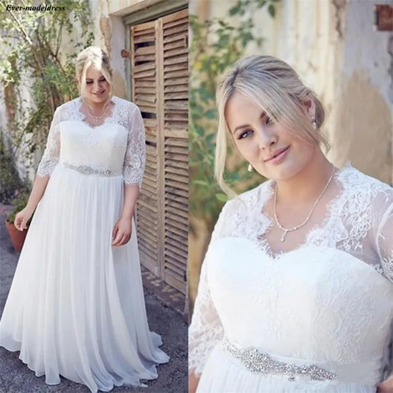 

Plus Size Wedding Dresses Lace Appliques Crystal Belt A-Line 3/4 Long Sleeves Bridal Gowns Bride Dress Vestido De Noiva 2020