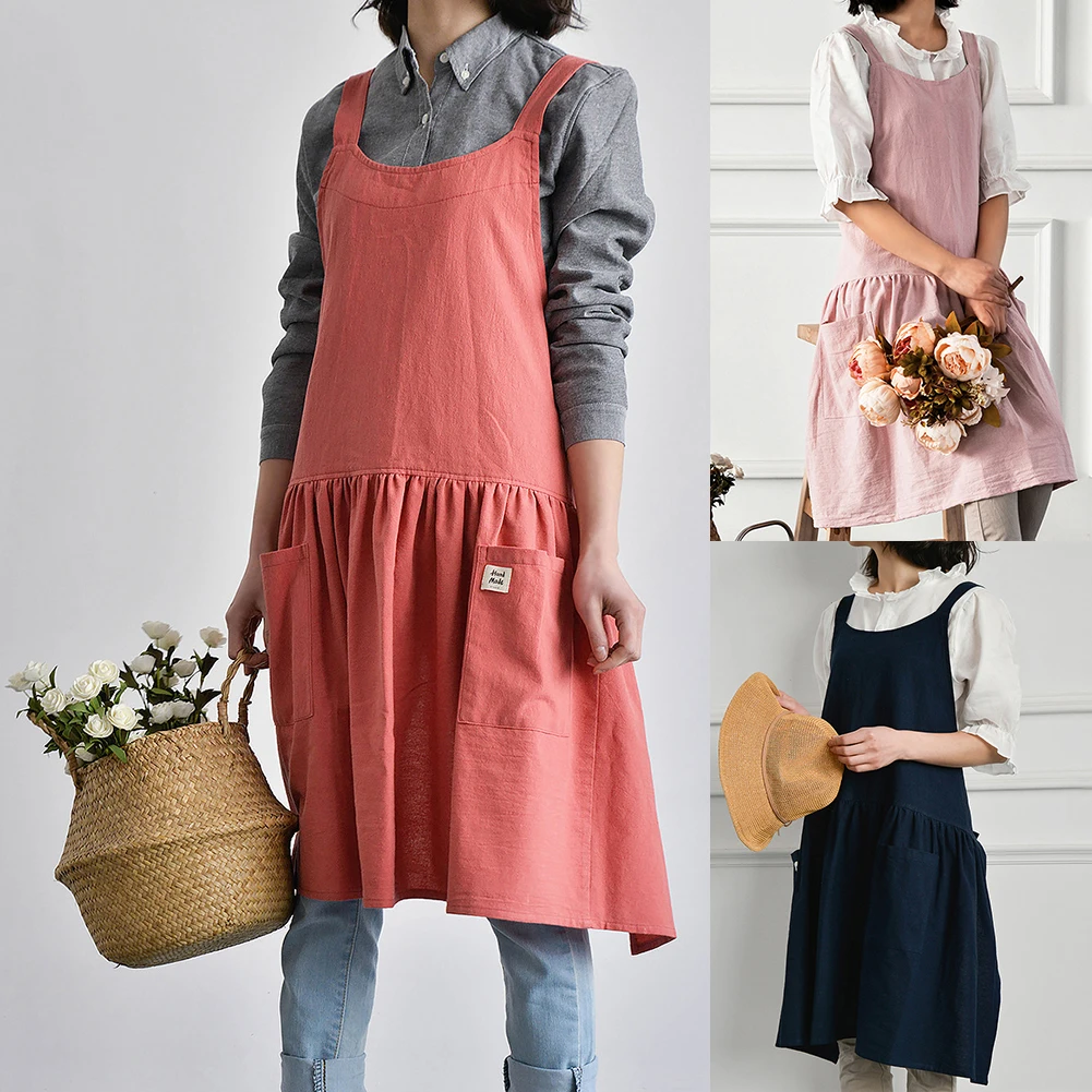 Women Antifouling Cross Back Pockets Cooking Baking Apron Dress Work Clothes Household Cleaning Tools Aprons Pockets Cross Back