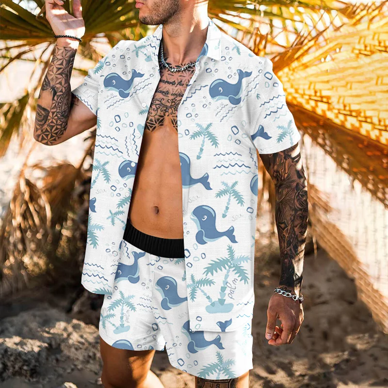 Summer Men's Shirt Beach Play Pants Suit Button Cardigan Drawstring Waist Loose Version Leisure Entertainment Outfit