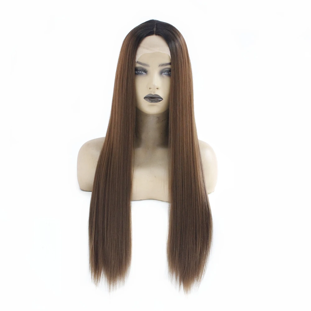 Dark Roots Long Straight Ombre Pink Lace Front Wigs 150% Glueless Synthetic Wigs for Women Heat Resistant Fiber Hair Middle Part