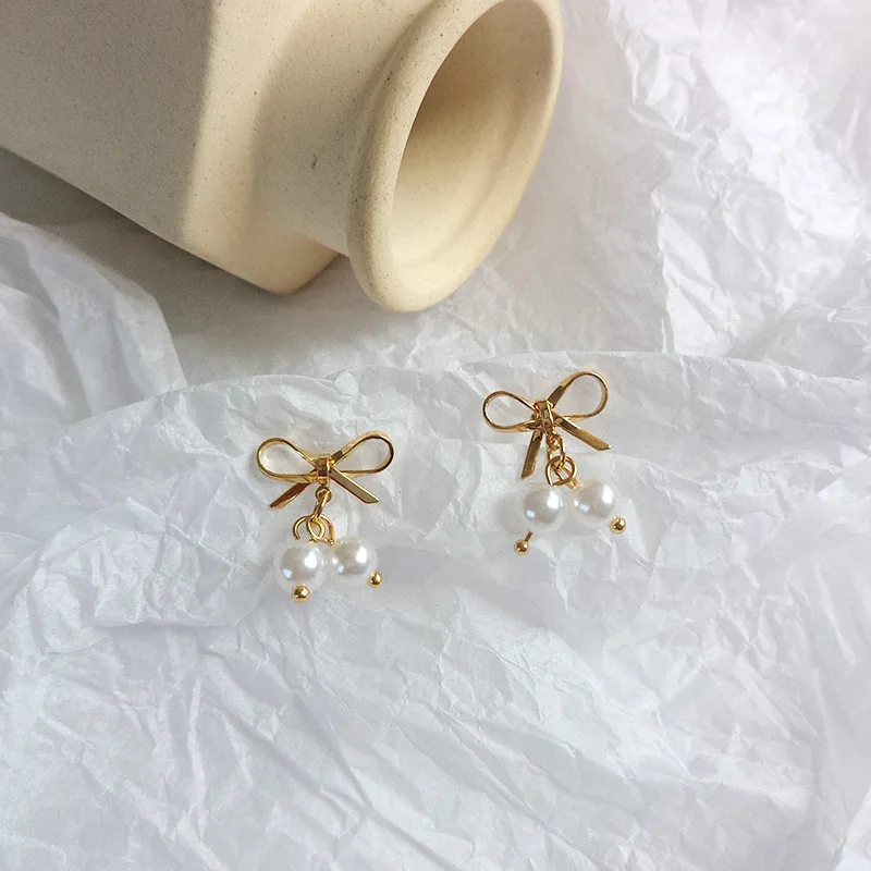 

S925 Silver Needle Korean Jewelry Golden Bowknot Earrings Shiny Pearls Drop Earrings For Girls Women Gifts Jewelry