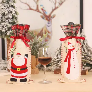 

1PCS Christmas Decoration Cartoon Old Man Snowman Plaid Linen Wine Bottle Set