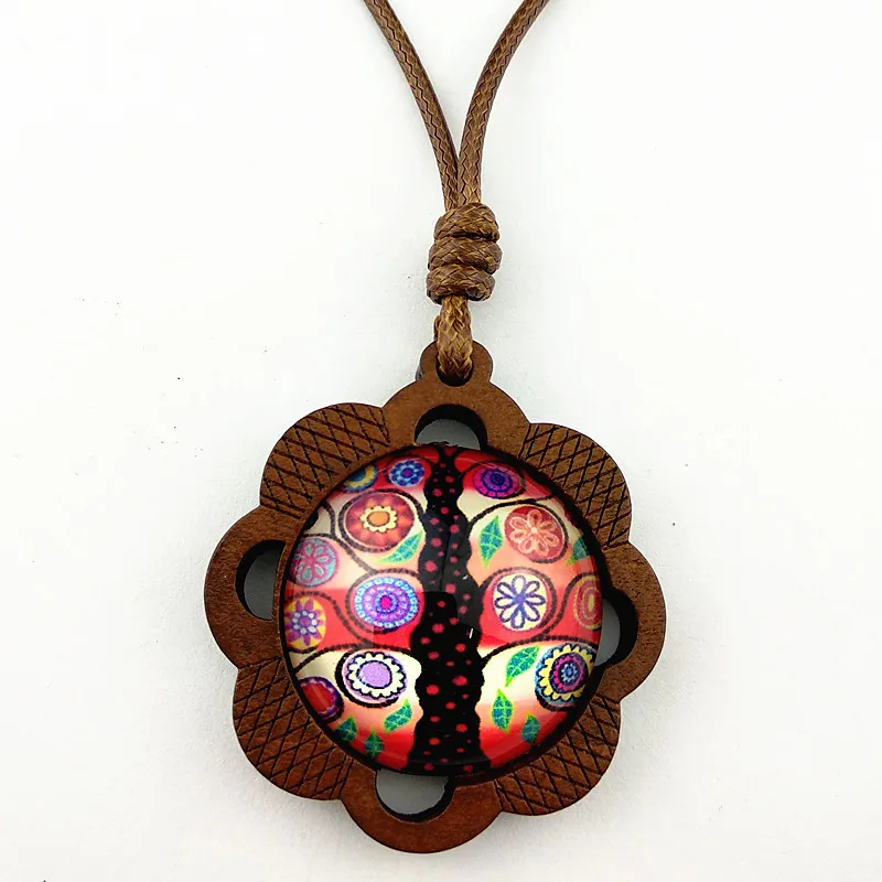 

Jiangzimei 24pcs New Design Hollow flowers Wood Necklace with Life Tree Glass Cabochon Pendant with Adjustable length wax line